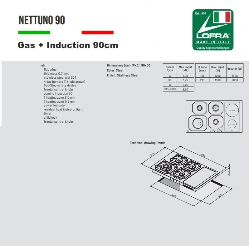 Lofra Nettuno 90 HLS9G2I Steel Low Profile Gas and Induction Hob 90cm