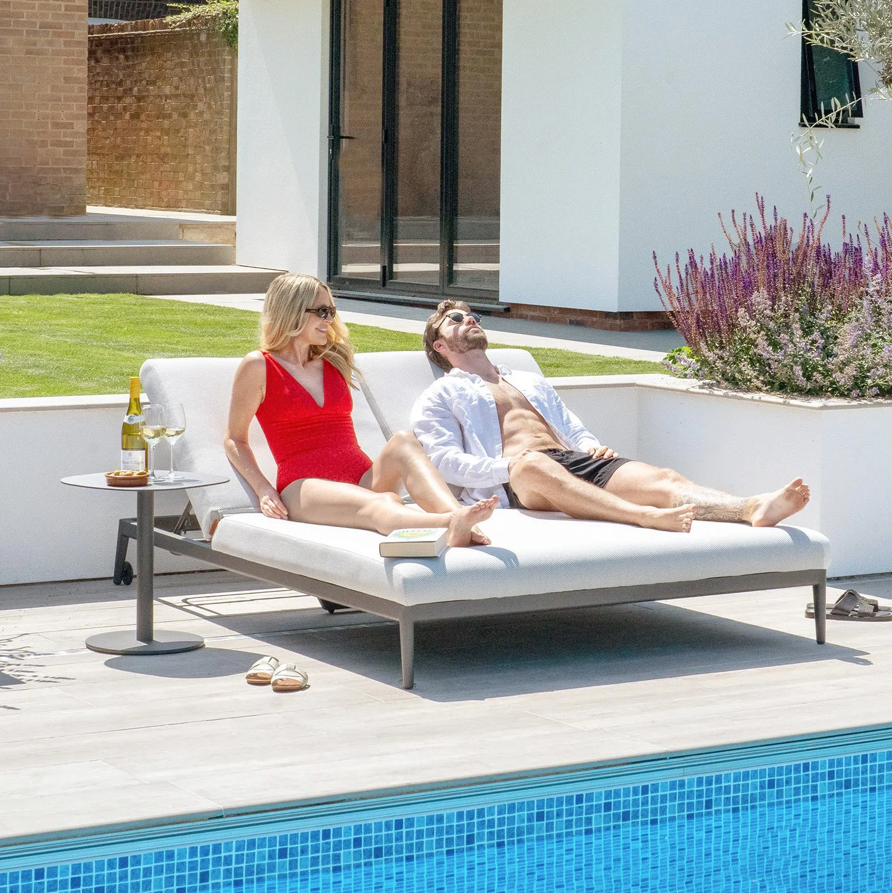 Luna Outdoor Fabric Double Sun Lounger in Oyster Grey