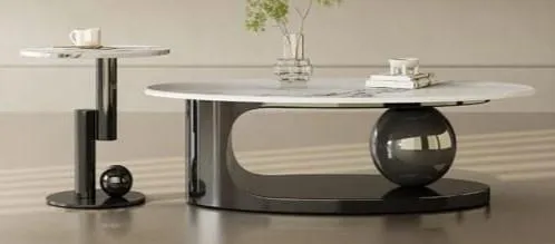 Luxurious Black Nickel Tone Ball Centre Table Set of 2 with Marble Top - Oval Design