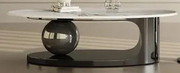 Luxurious Black Nickel Tone Ball Centre Table Set of 2 with Marble Top - Oval Design
