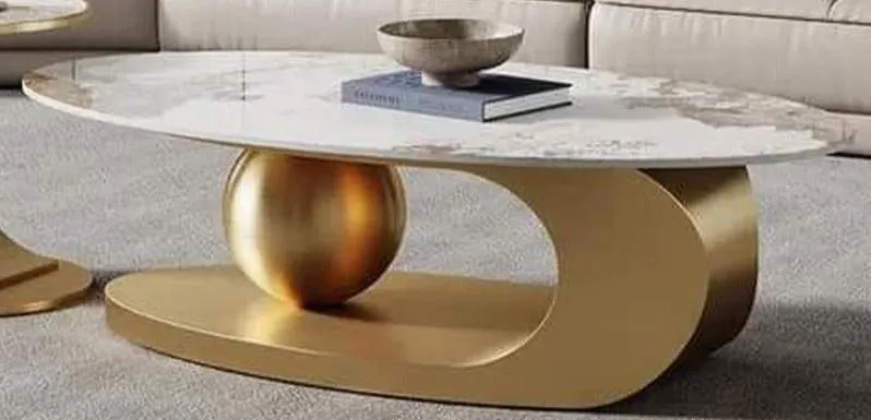 Luxurious Oval Centre Table with Side Table - Golden & White Marble Top