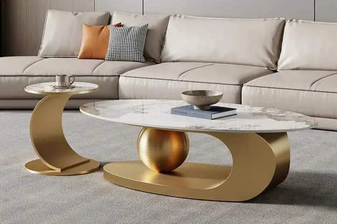 Luxurious Oval Centre Table with Side Table - Golden & White Marble Top
