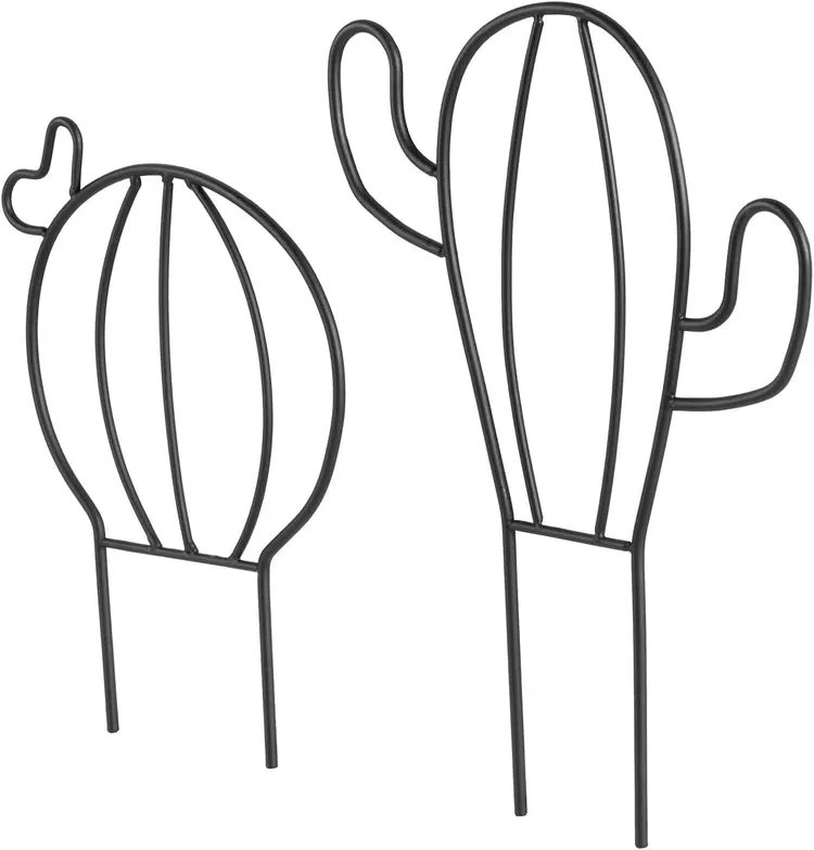 Matte Black Metal Wire Trellis in Cactus Shape Silhouette for Stem Support in Potted Plants and Planter Boxes