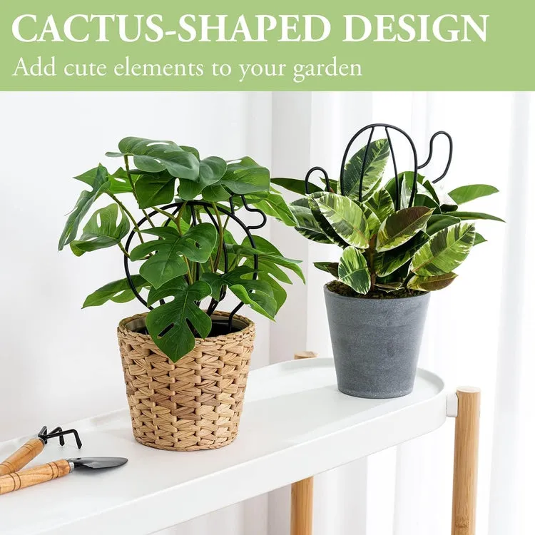 Matte Black Metal Wire Trellis in Cactus Shape Silhouette for Stem Support in Potted Plants and Planter Boxes