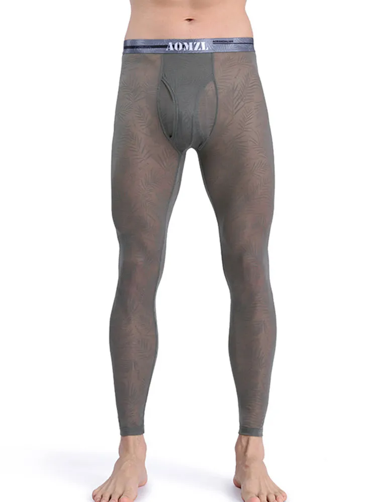 Men's Sexy Transparent Ice Silk Jacquard Seamless Tights Warm Pants