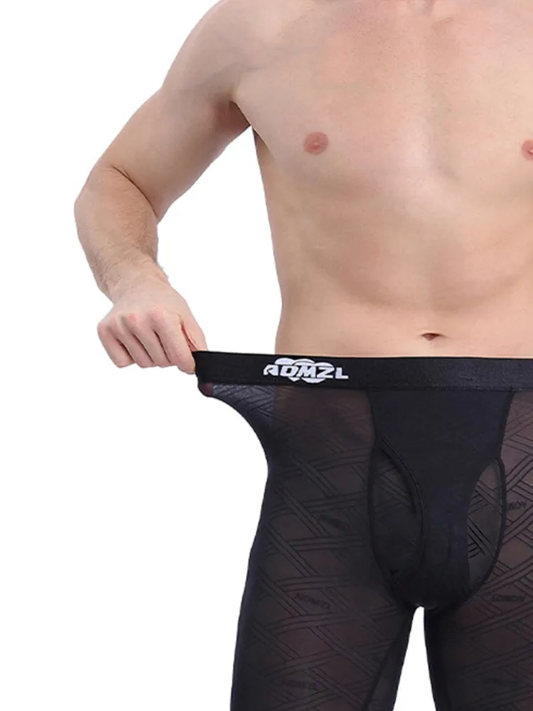 Men's Sexy Transparent Ice Silk Jacquard Seamless Tights Warm Pants