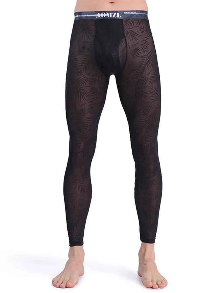 Men's Sexy Transparent Ice Silk Jacquard Seamless Tights Warm Pants