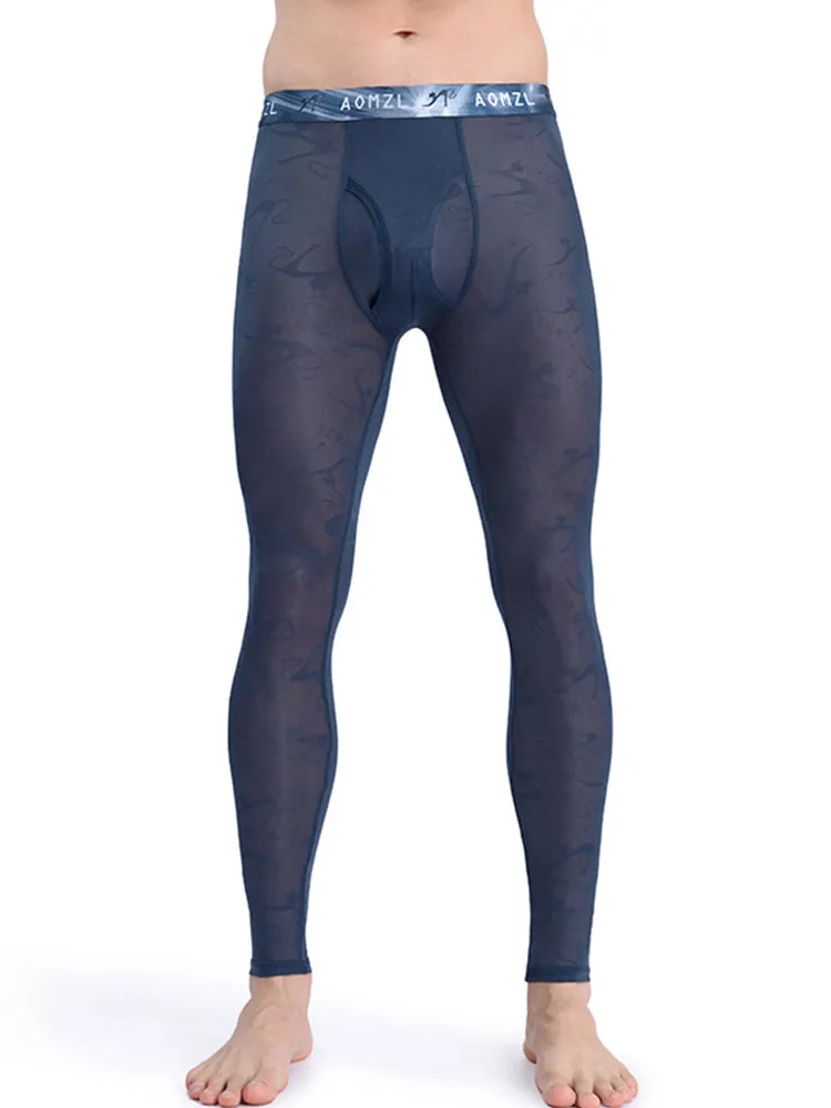 Men's Sexy Transparent Ice Silk Jacquard Seamless Tights Warm Pants
