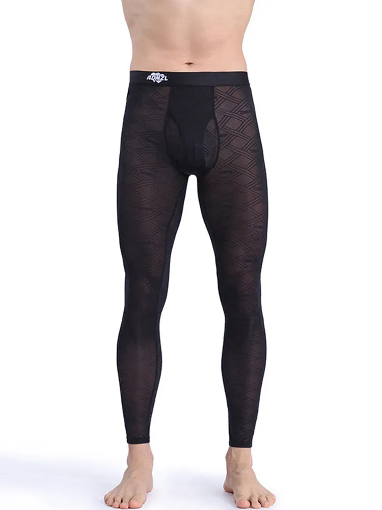 Men's Sexy Transparent Ice Silk Jacquard Seamless Tights Warm Pants