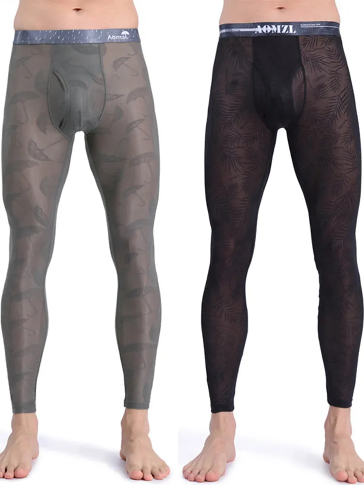 Men's Sexy Transparent Ice Silk Jacquard Seamless Tights Warm Pants