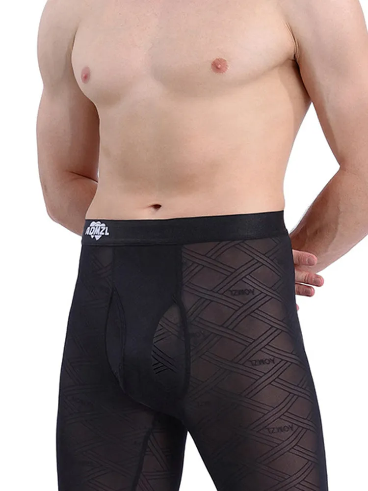 Men's Sexy Transparent Ice Silk Jacquard Seamless Tights Warm Pants