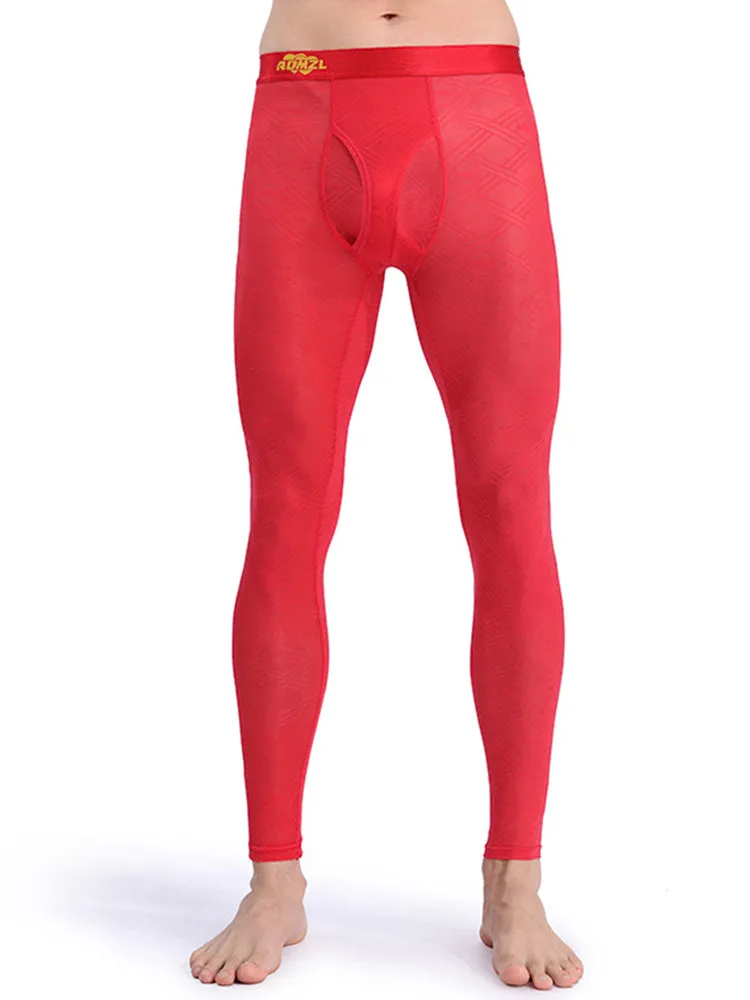Men's Sexy Transparent Ice Silk Jacquard Seamless Tights Warm Pants