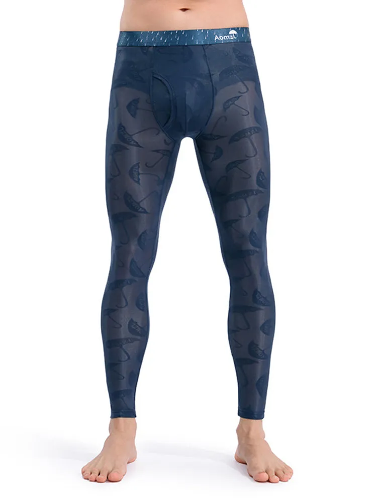 Men's Sexy Transparent Ice Silk Jacquard Seamless Tights Warm Pants