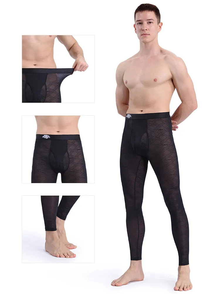 Men's Sexy Transparent Ice Silk Jacquard Seamless Tights Warm Pants