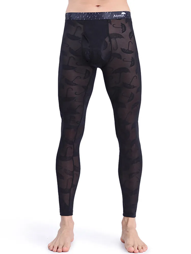 Men's Sexy Transparent Ice Silk Jacquard Seamless Tights Warm Pants