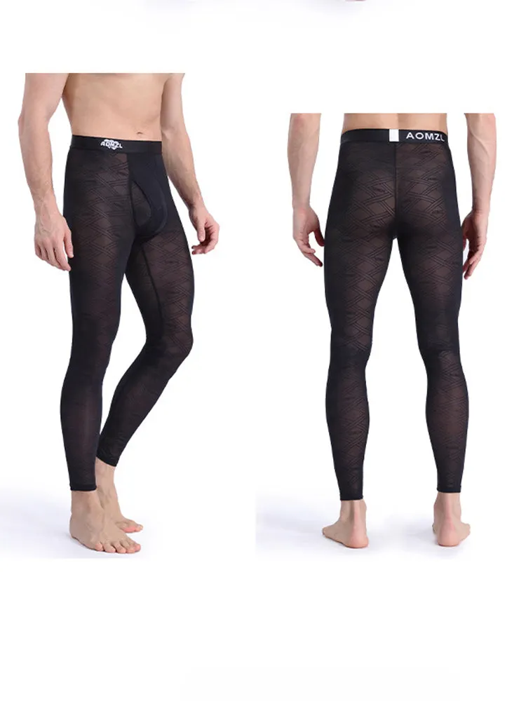 Men's Sexy Transparent Ice Silk Jacquard Seamless Tights Warm Pants