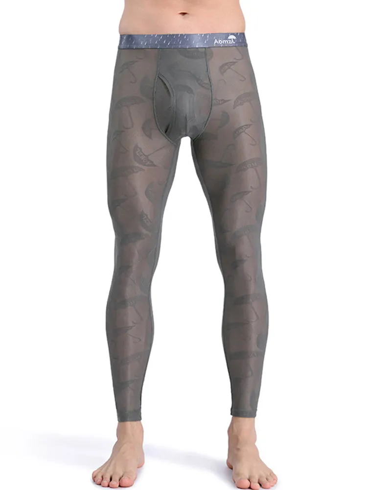 Men's Sexy Transparent Ice Silk Jacquard Seamless Tights Warm Pants