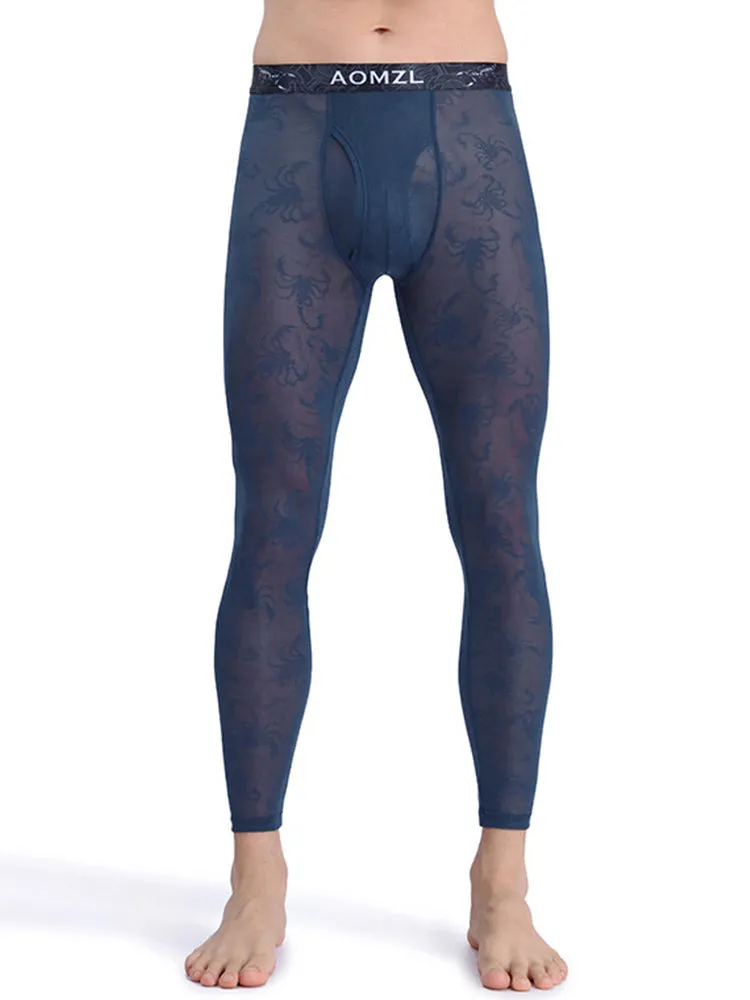 Men's Sexy Transparent Ice Silk Jacquard Seamless Tights Warm Pants