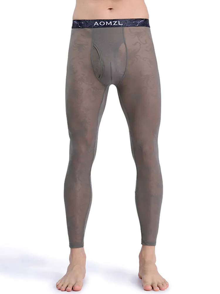Men's Sexy Transparent Ice Silk Jacquard Seamless Tights Warm Pants