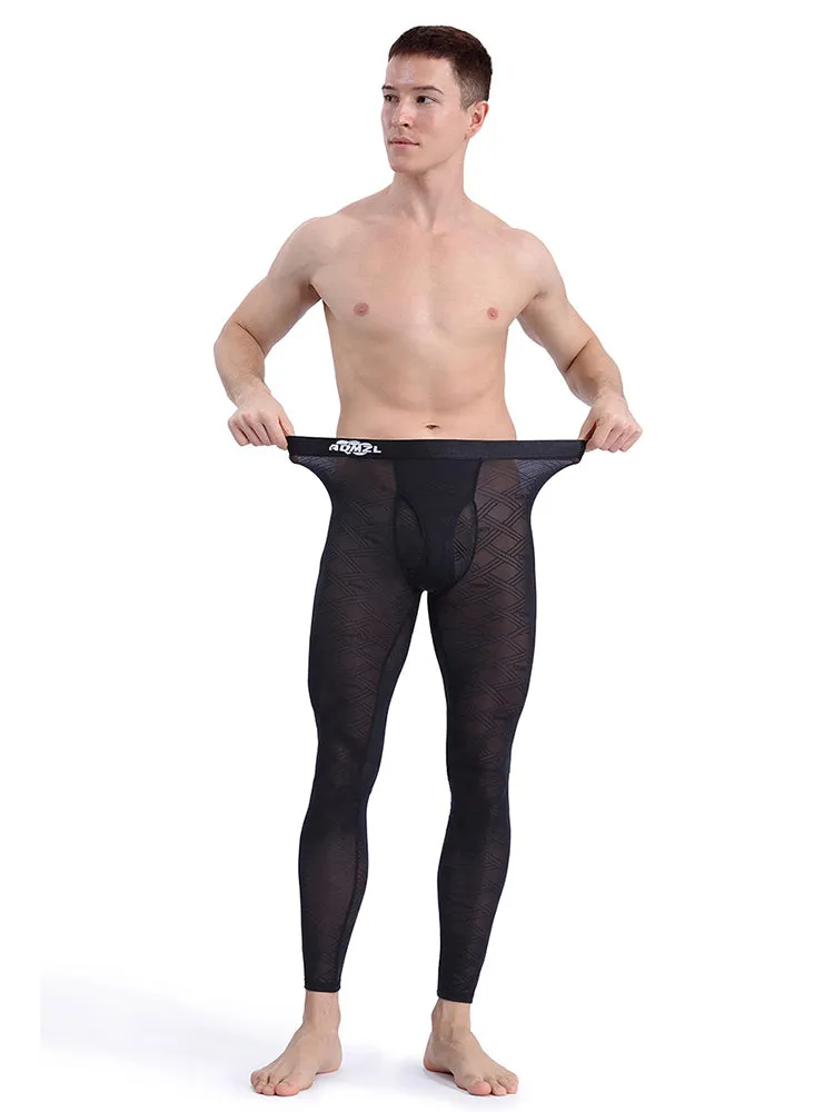 Men's Sexy Transparent Ice Silk Jacquard Seamless Tights Warm Pants
