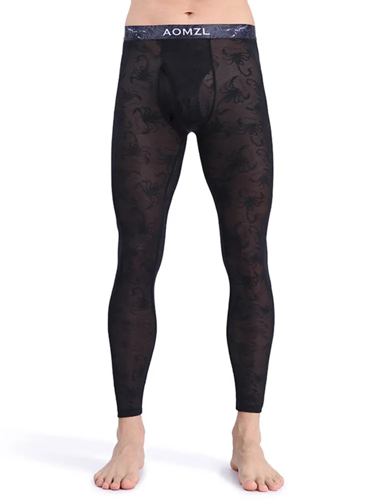 Men's Sexy Transparent Ice Silk Jacquard Seamless Tights Warm Pants