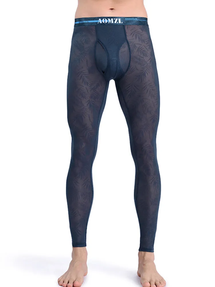 Men's Sexy Transparent Ice Silk Jacquard Seamless Tights Warm Pants