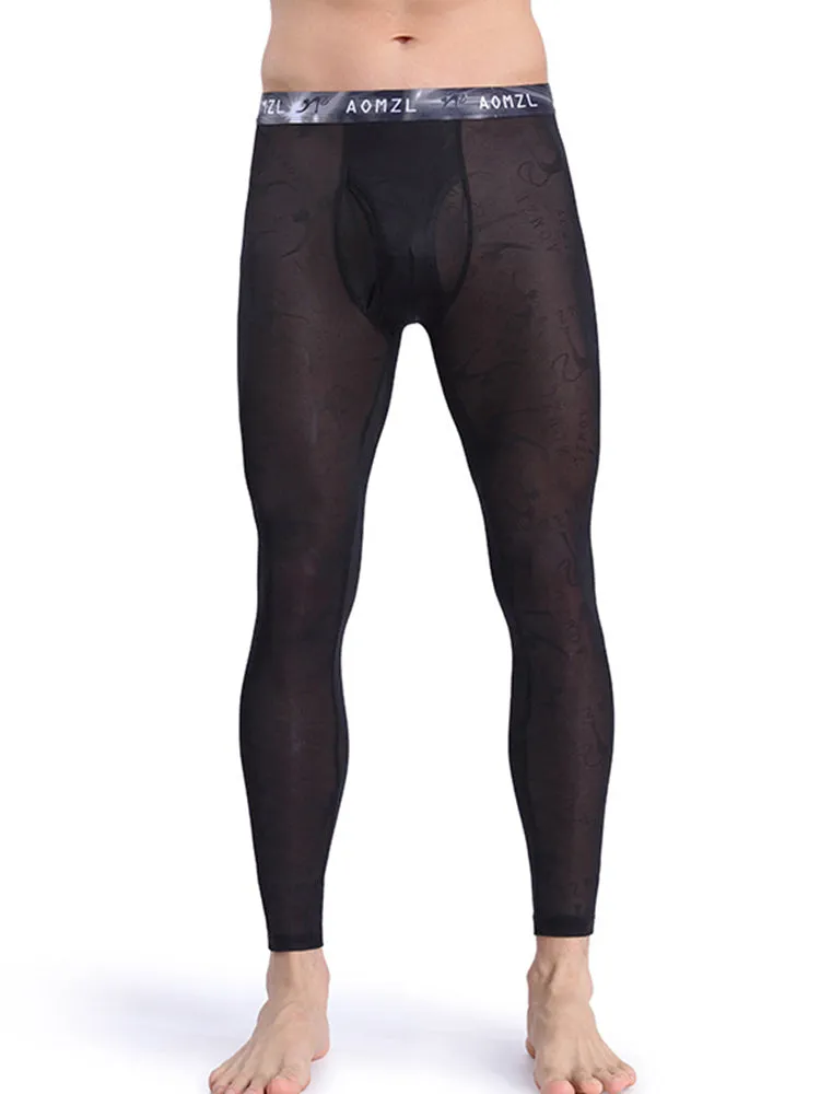 Men's Sexy Transparent Ice Silk Jacquard Seamless Tights Warm Pants