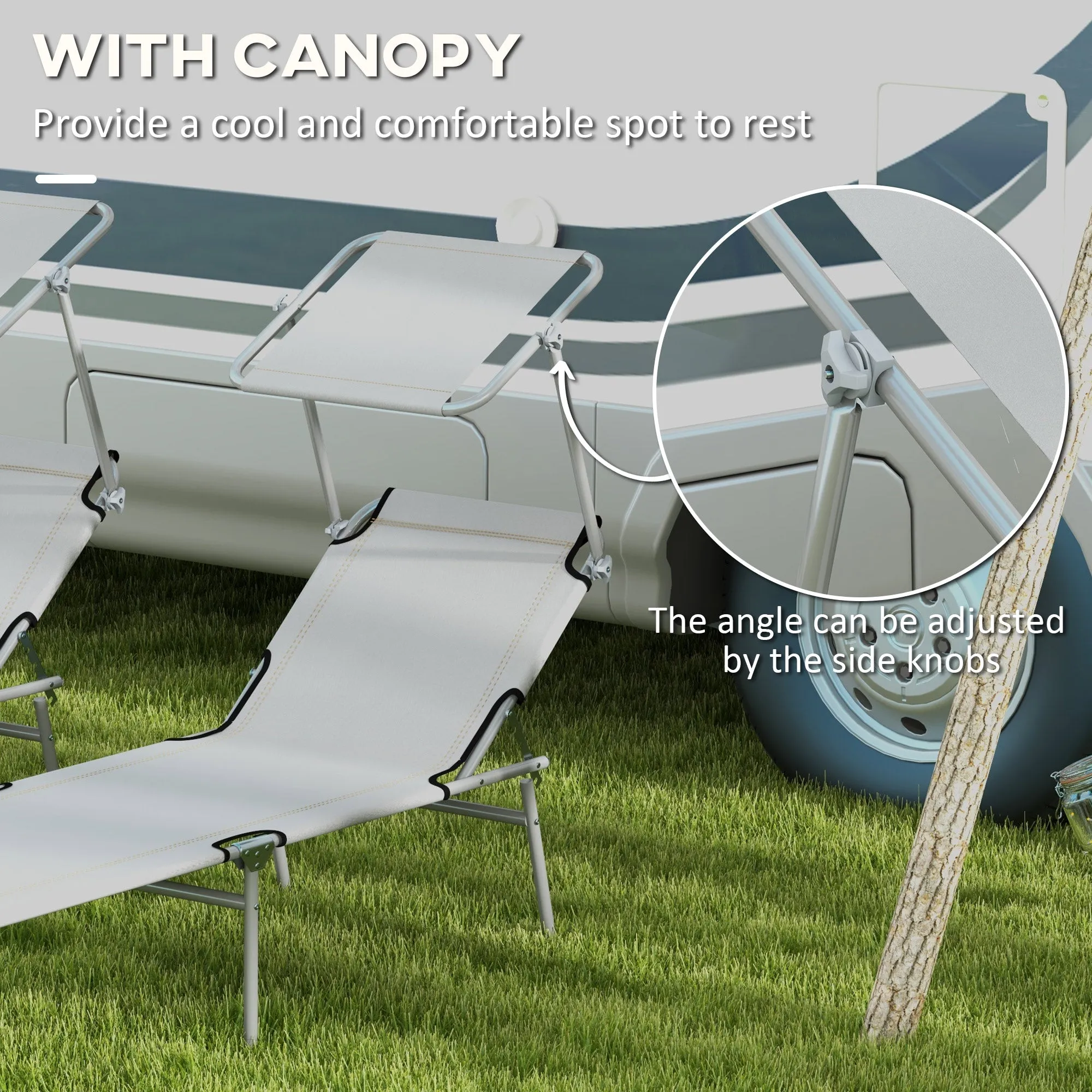 Outdoor Foldable Sun Lounger Set of 2, 4 Level Adjustable Backrest Reclining Sun Lounger Chair with Angle Adjust Sun Shade Awning for Beach, Garden, Patio, Grey
