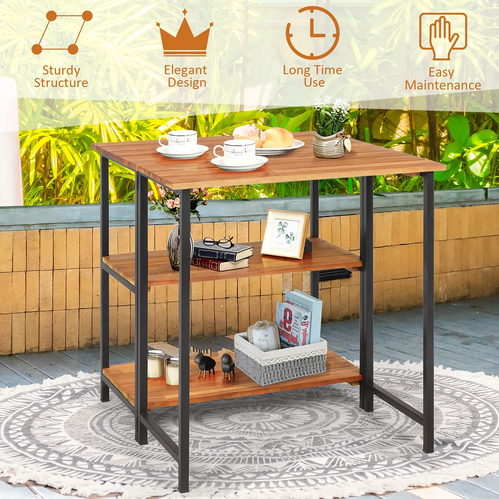 Patio Acacia Wood Folding Table, Outdoor Dining Table with 2 Storage Shelves and Steel Frame