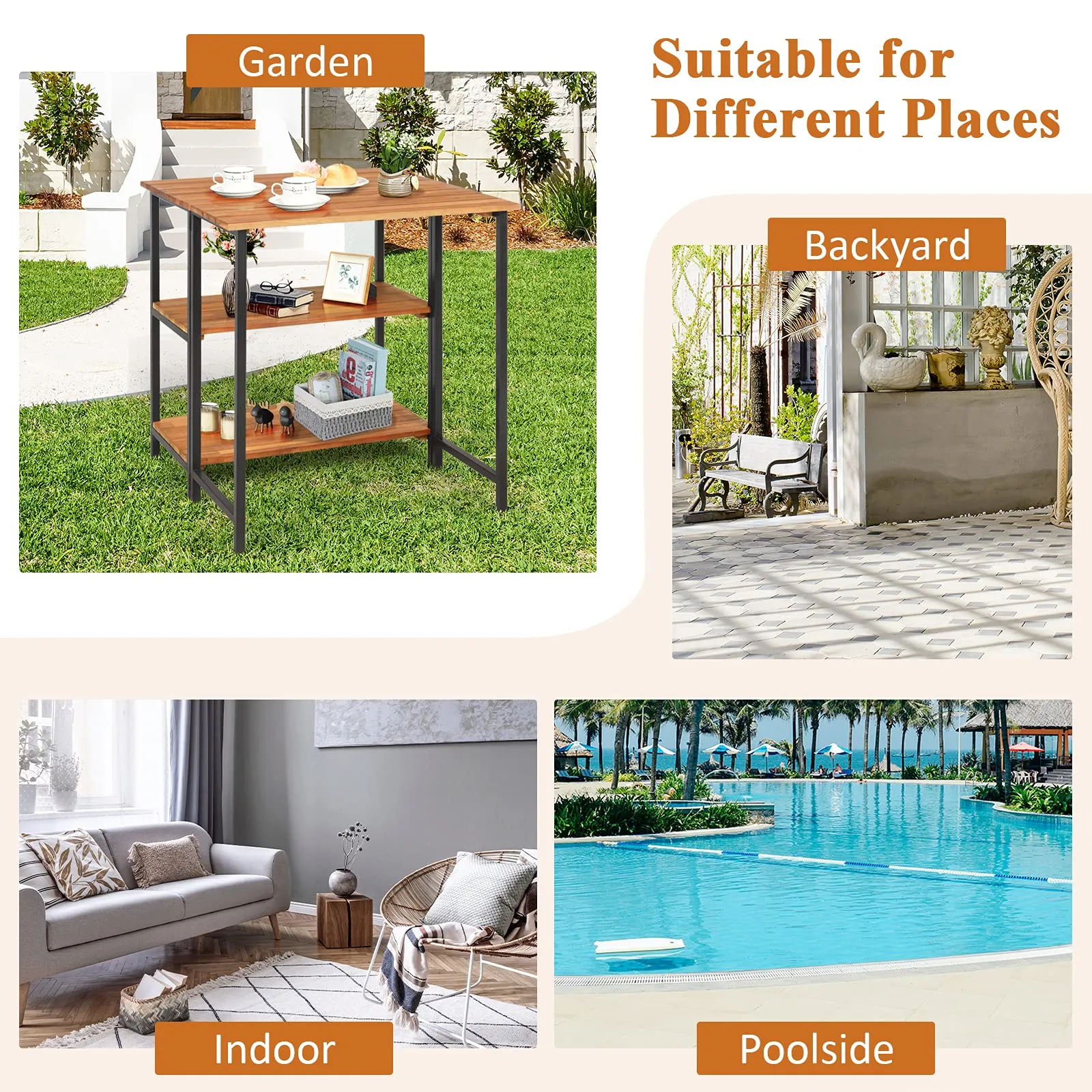 Patio Acacia Wood Folding Table, Outdoor Dining Table with 2 Storage Shelves and Steel Frame