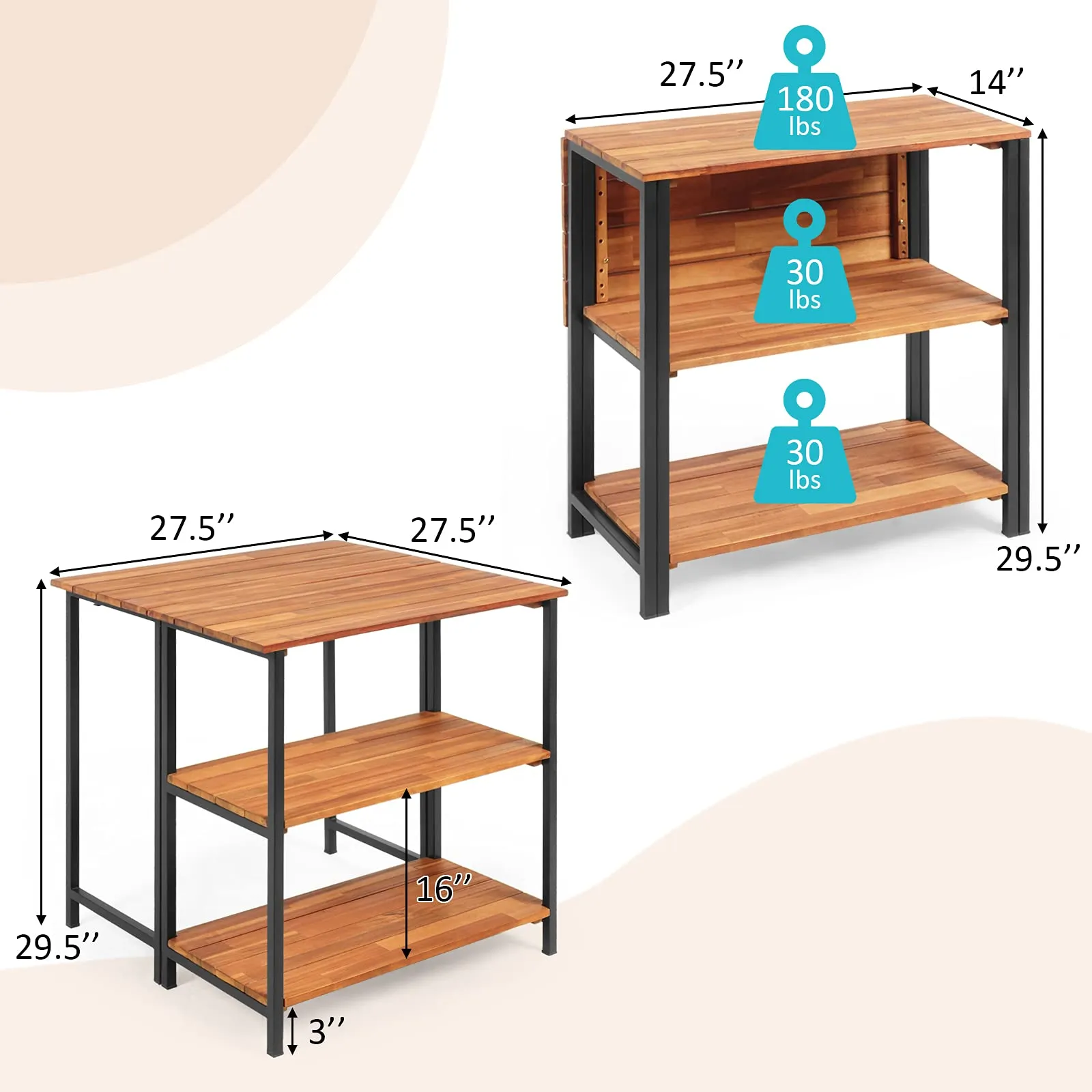 Patio Acacia Wood Folding Table, Outdoor Dining Table with 2 Storage Shelves and Steel Frame
