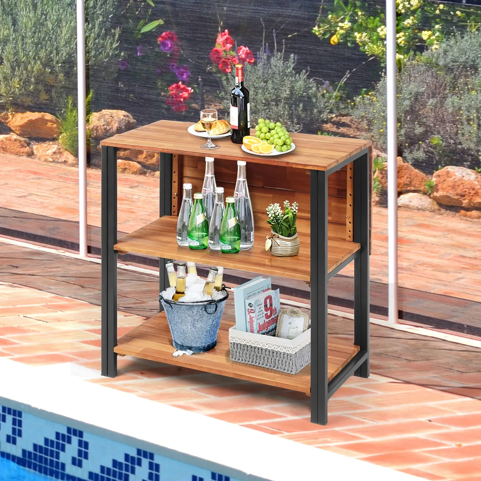 Patio Acacia Wood Folding Table, Outdoor Dining Table with 2 Storage Shelves and Steel Frame
