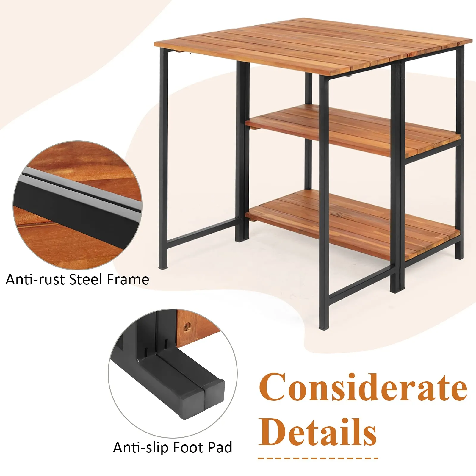 Patio Acacia Wood Folding Table, Outdoor Dining Table with 2 Storage Shelves and Steel Frame
