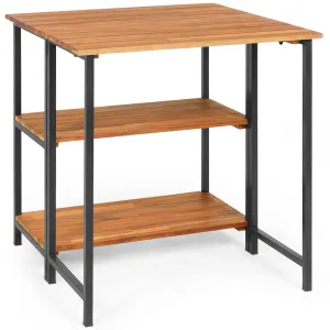 Patio Acacia Wood Folding Table, Outdoor Dining Table with 2 Storage Shelves and Steel Frame