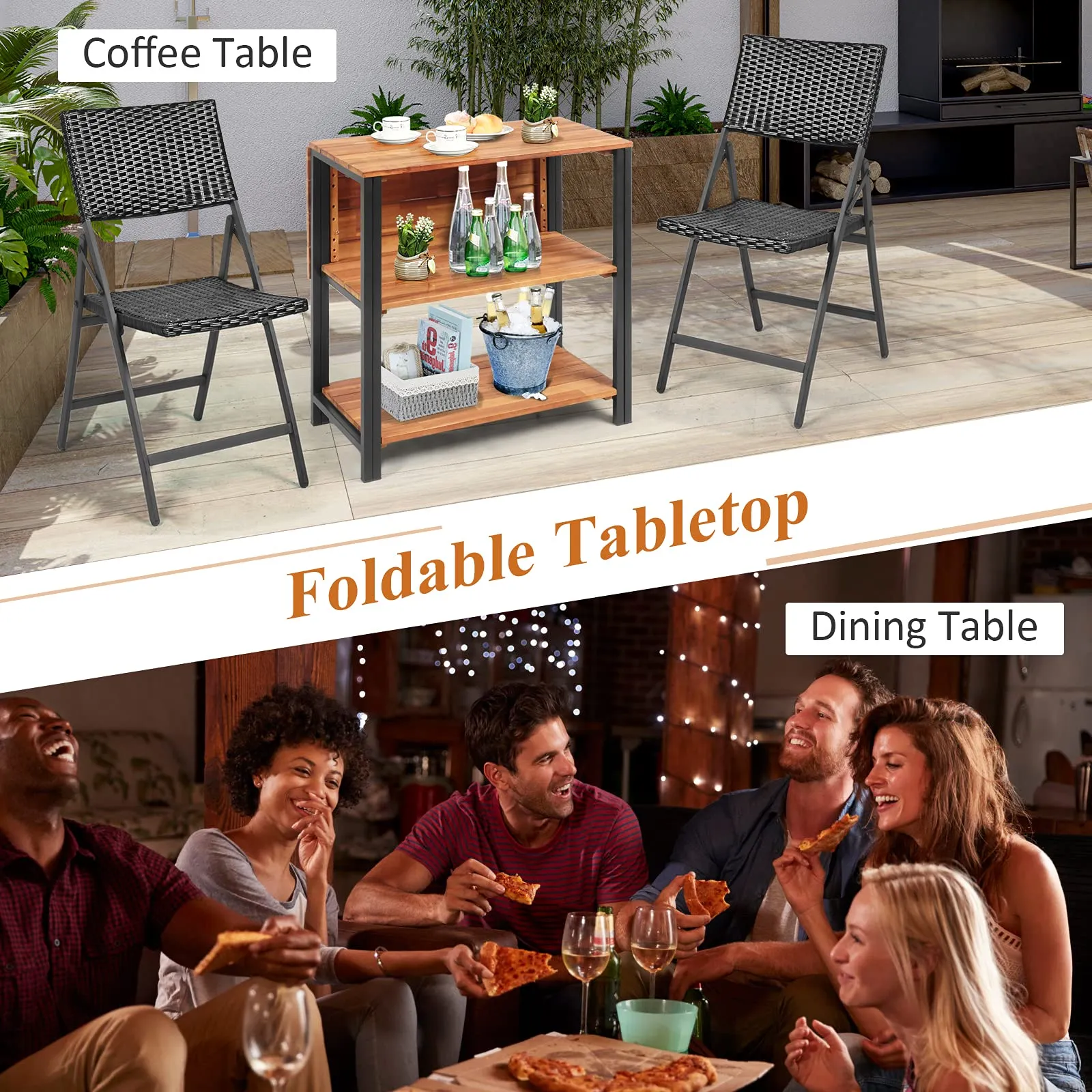 Patio Acacia Wood Folding Table, Outdoor Dining Table with 2 Storage Shelves and Steel Frame