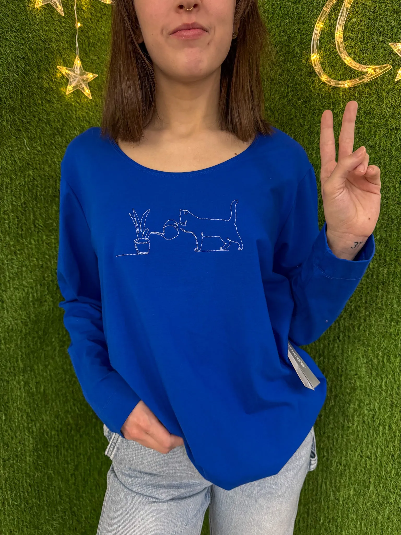 Plant Cat Blue Long Sleeve 3XL