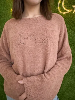 Plant Cat Brown Cropped Sweater L