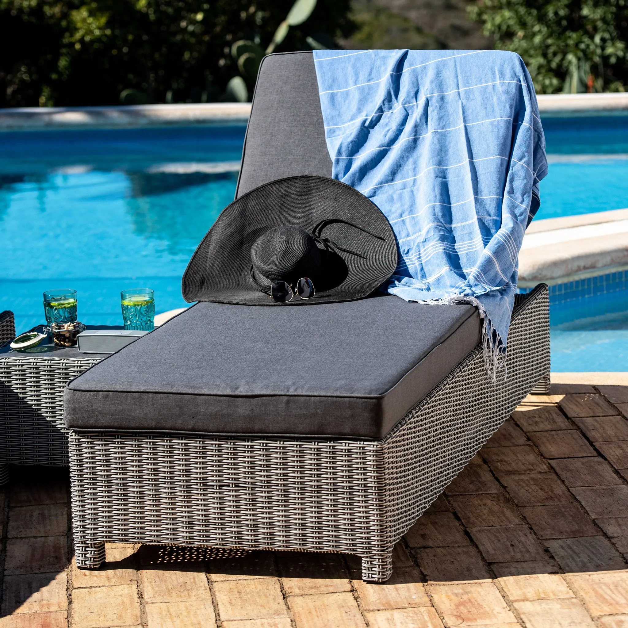 Santiago Rattan Sunlounger Set with Side Table in Grey