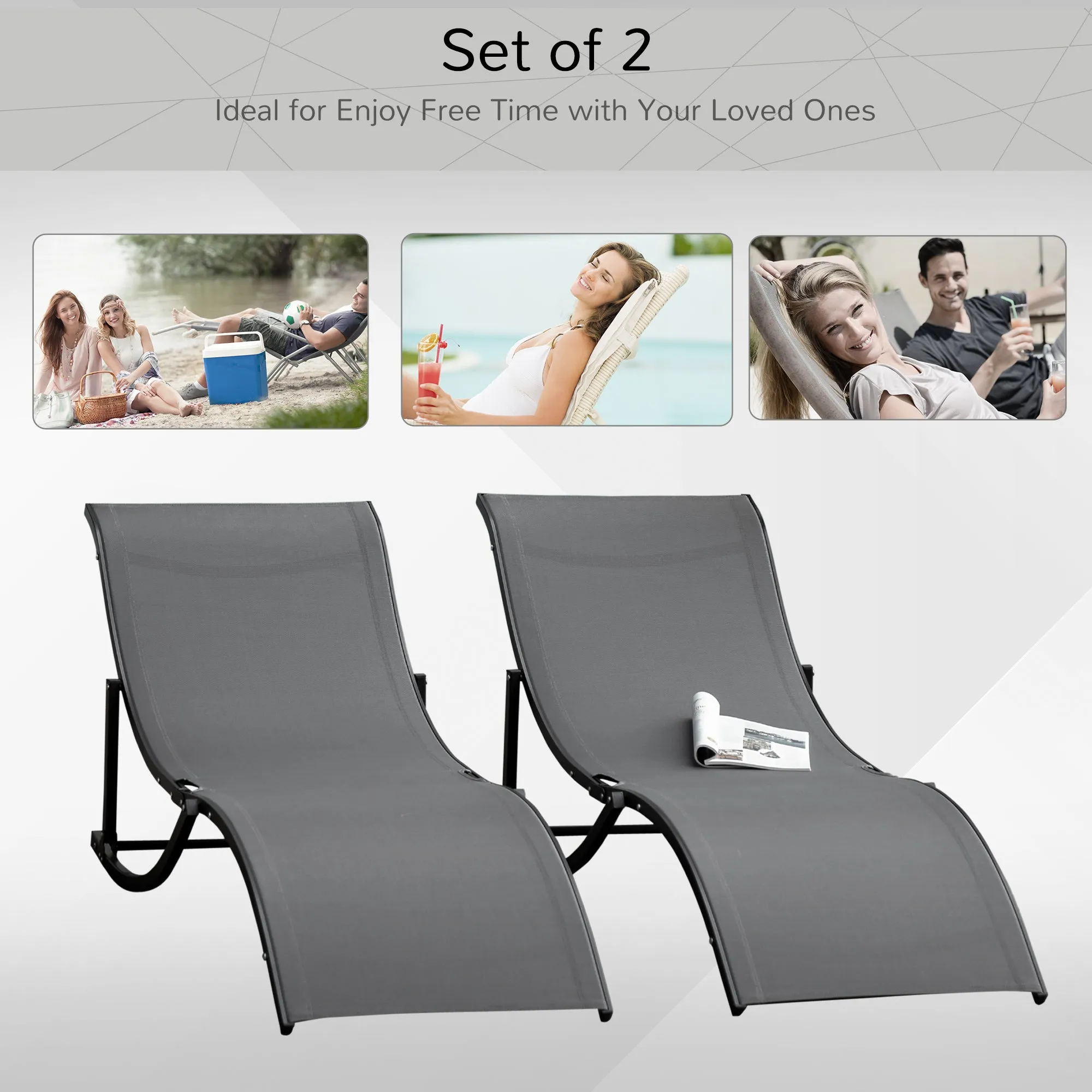 Set of 2 S-shaped Foldable Lounge Chair Sun Lounger Reclining Outdoor Chair for Patio Beach Garden Grey