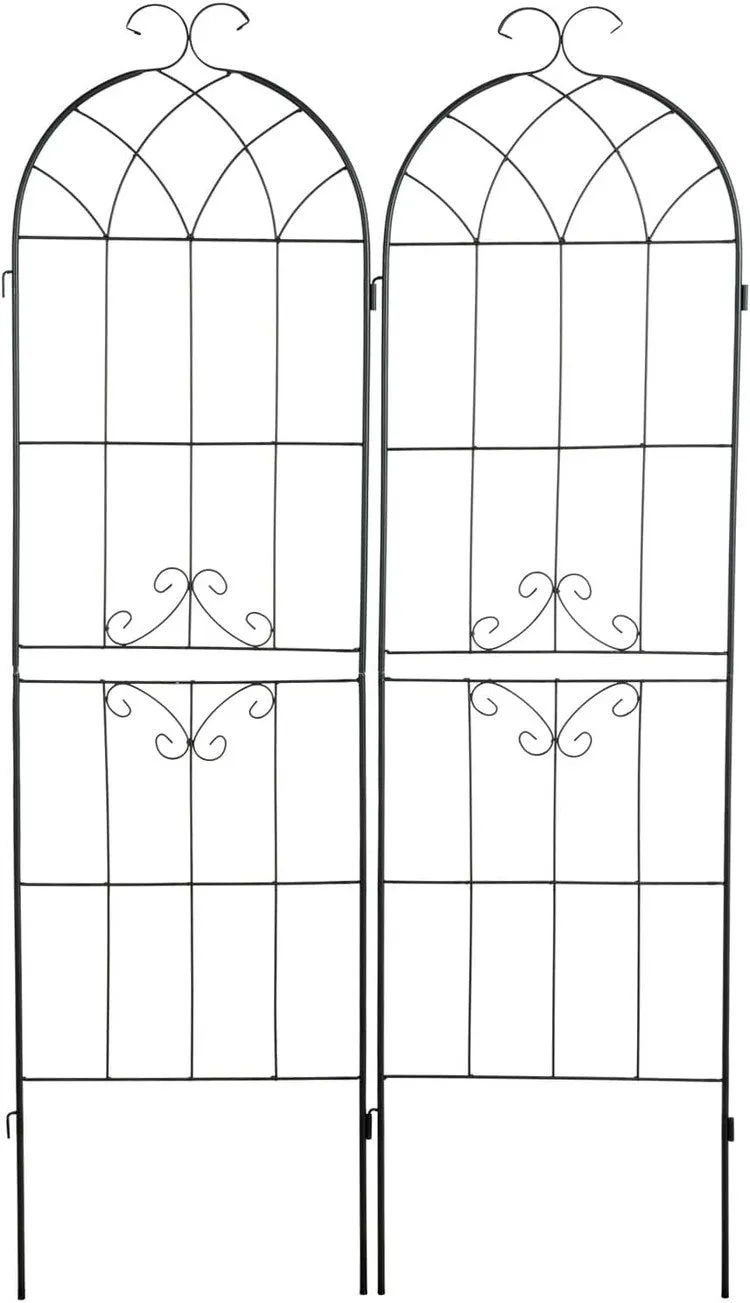 Set of 2, Tall Scrollwork Design Matte Black Metal Wire Connecting Trellis for Outdoor Garden Climbing Plants and Vines