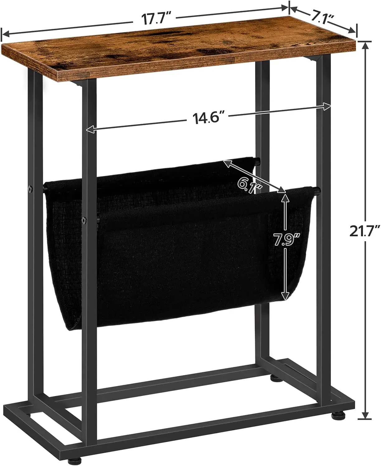 Side Table with Magazine Holder Sling, Narrow End Table, Industrial Slim Nightstand