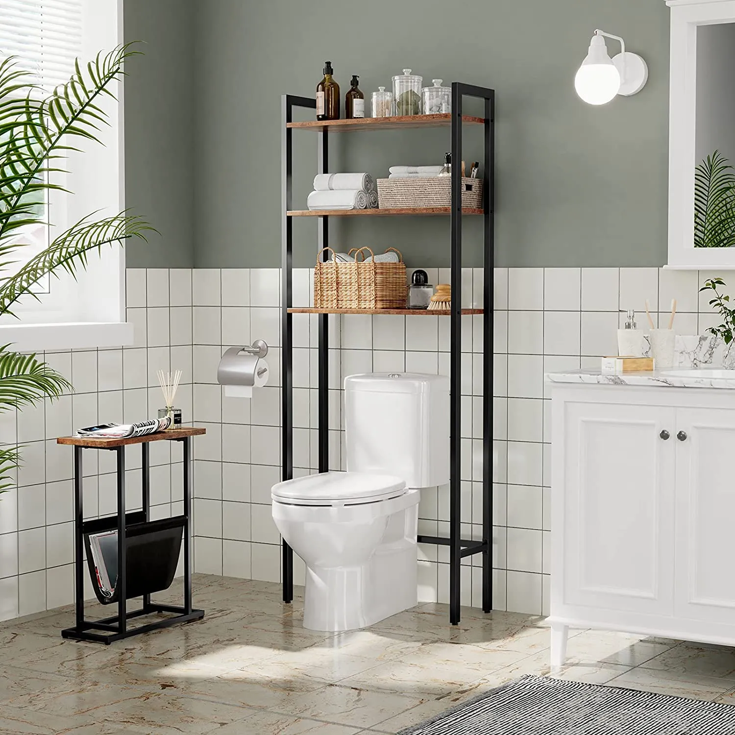 Side Table with Magazine Holder Sling, Narrow End Table, Industrial Slim Nightstand