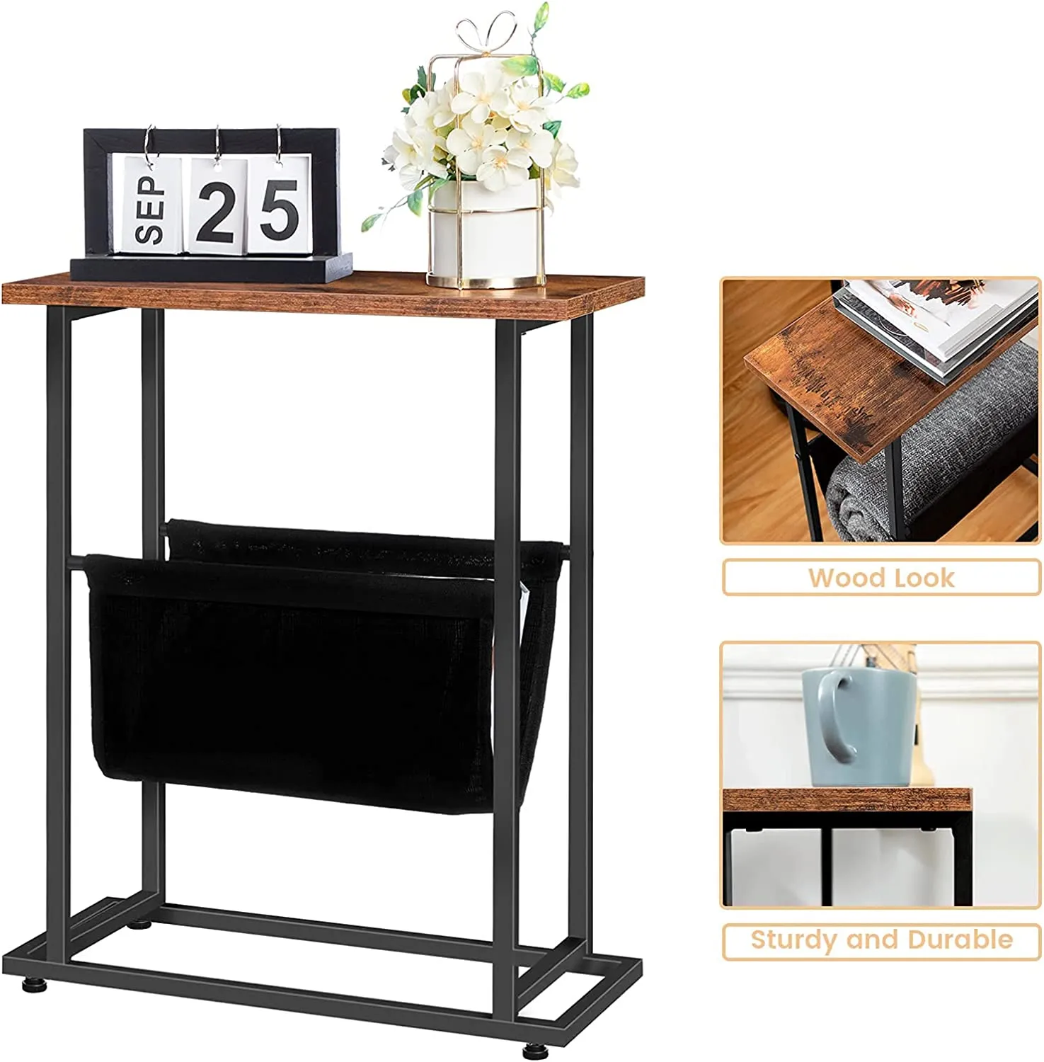 Side Table with Magazine Holder Sling, Narrow End Table, Industrial Slim Nightstand