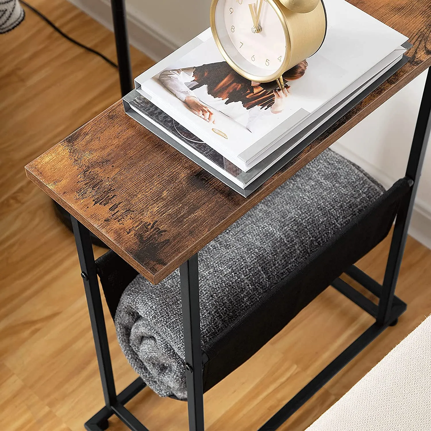 Side Table with Magazine Holder Sling, Narrow End Table, Industrial Slim Nightstand