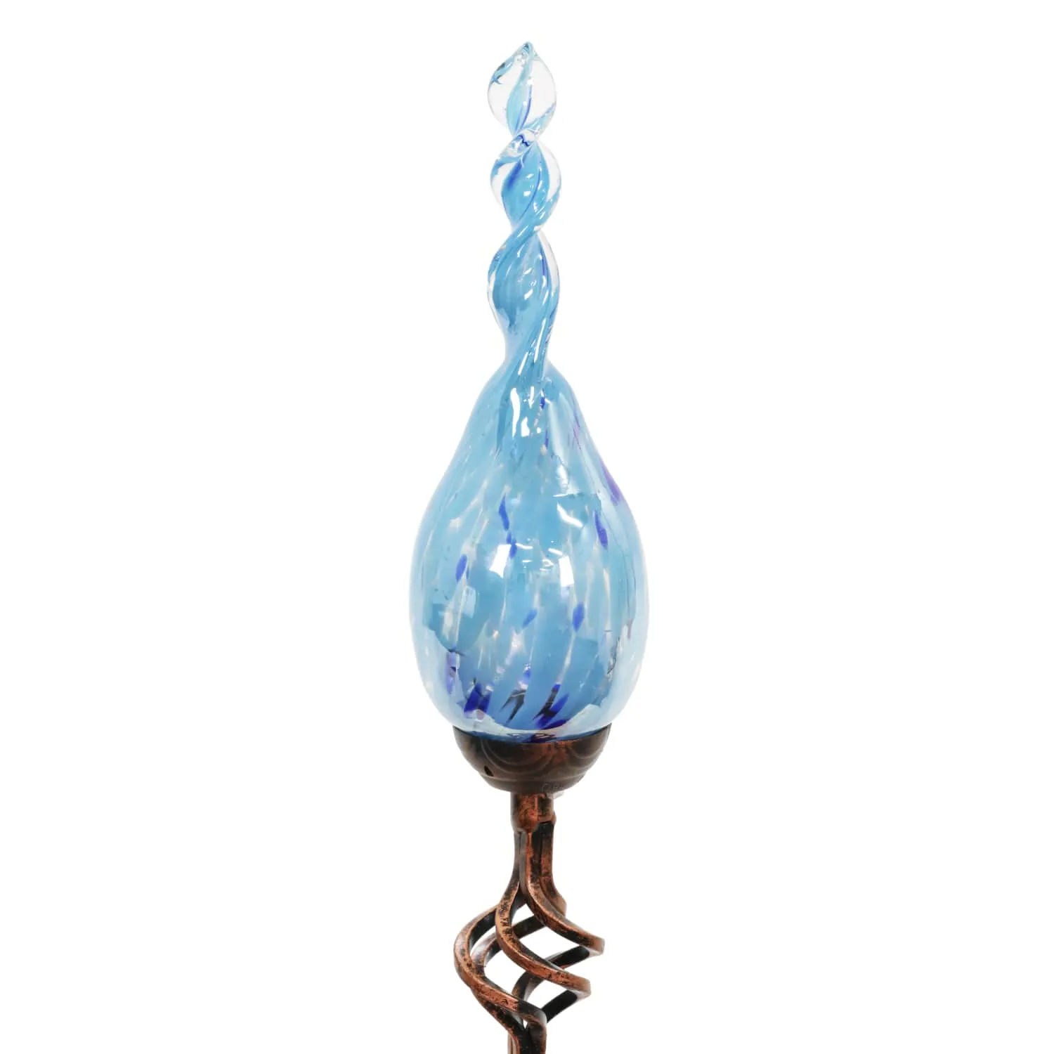 Solar Pearlized Glass Twisted Flame Garden Stake with Metal Finial Detail in Light Blue, 36 Inch
