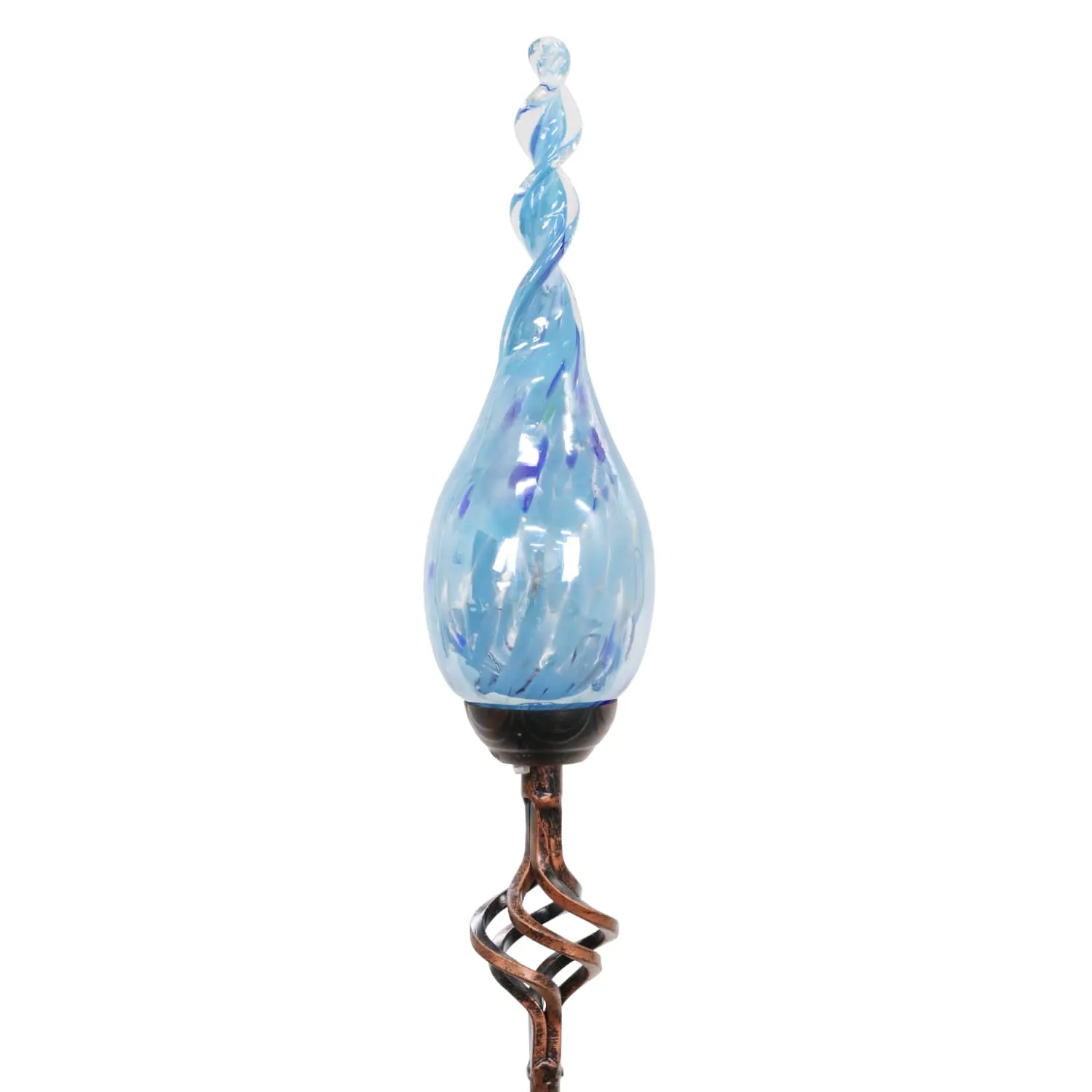 Solar Pearlized Glass Twisted Flame Garden Stake with Metal Finial Detail in Light Blue, 36 Inch