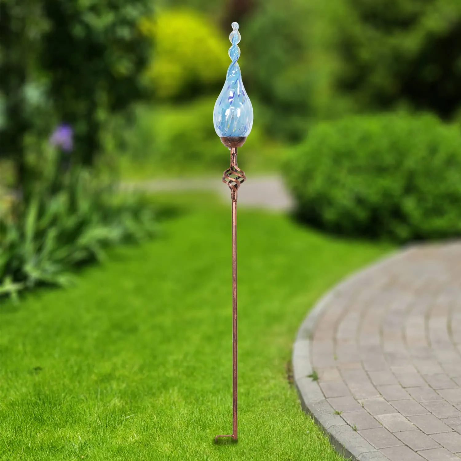 Solar Pearlized Glass Twisted Flame Garden Stake with Metal Finial Detail in Light Blue, 36 Inch