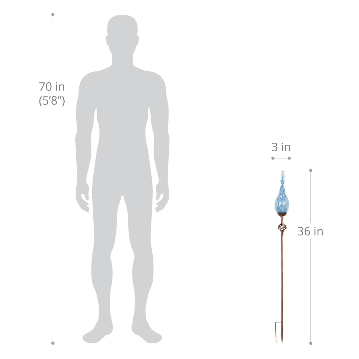 Solar Pearlized Glass Twisted Flame Garden Stake with Metal Finial Detail in Light Blue, 36 Inch