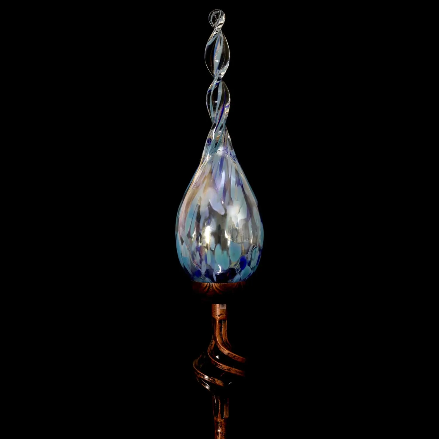 Solar Pearlized Glass Twisted Flame Garden Stake with Metal Finial Detail in Light Blue, 36 Inch