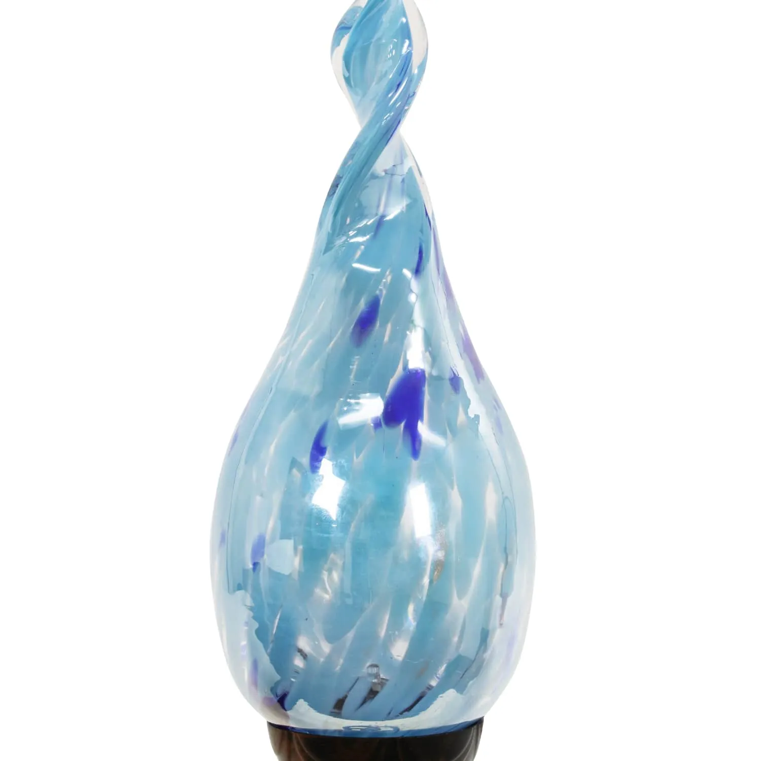 Solar Pearlized Glass Twisted Flame Garden Stake with Metal Finial Detail in Light Blue, 36 Inch